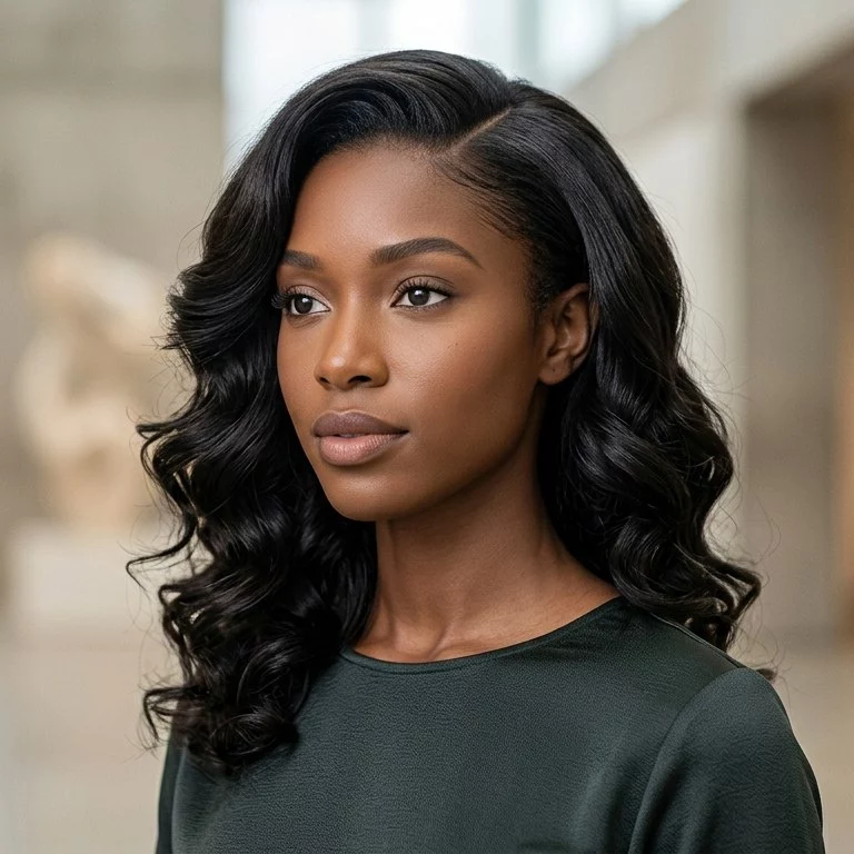 side-part soft curl weave for black women with loose curls, soft framing, and side-swept volume