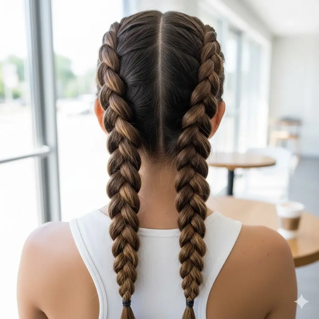 Two raised inside-out braids with clean center part, gym-to-brunch classic