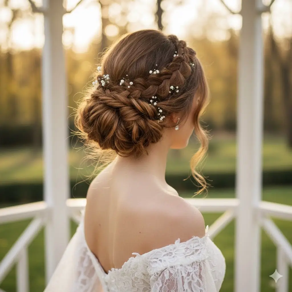 Intricate lace braids flowing into a soft low bun, bridal 2026 favorite