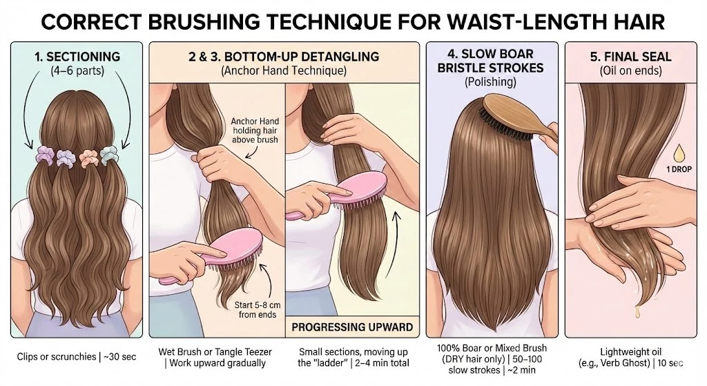 Woman demonstrating gentle bottom-up brushing technique on waist-length hair to prevent breakage – essential long hair care tip