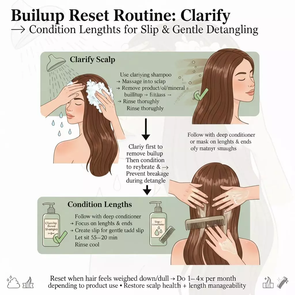 Buildup reset for long hair: clarify scalp, then condition lengths for slip and gentle detangling