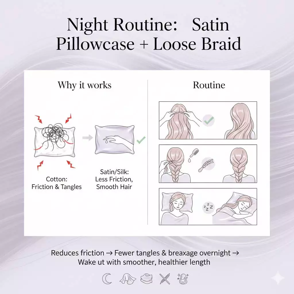 Night routine: satin pillowcase and loose braid reduce tangles and breakage