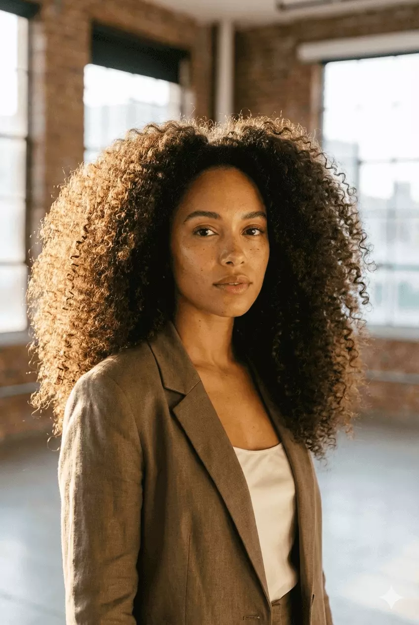 Long coily hair with halo-like volume, defined coils, controlled frizz, and soft shine