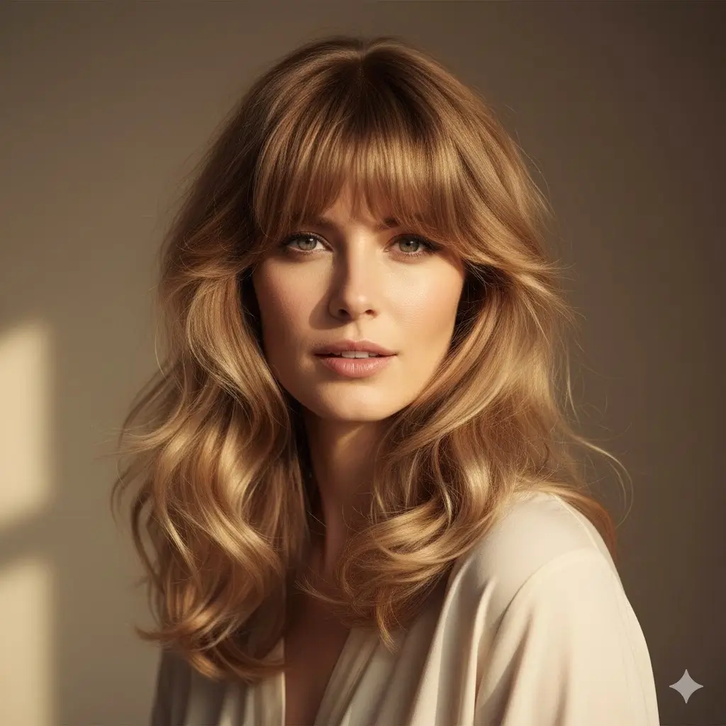 Volume-packed ‘60s-inspired curtain bangs softly framing face