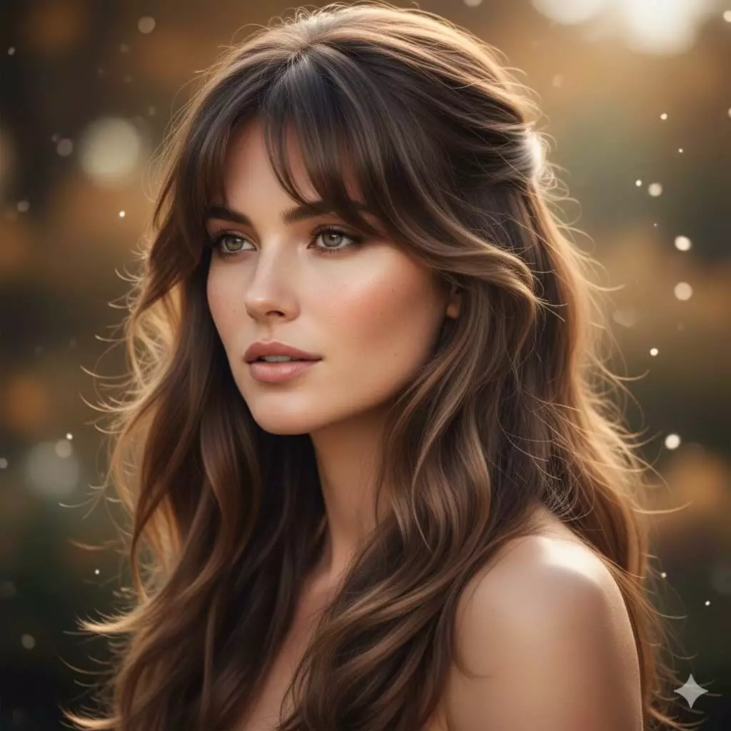 Three-quarter view woman with heart face, long hair with soft curtain bangs and chin-level waves;