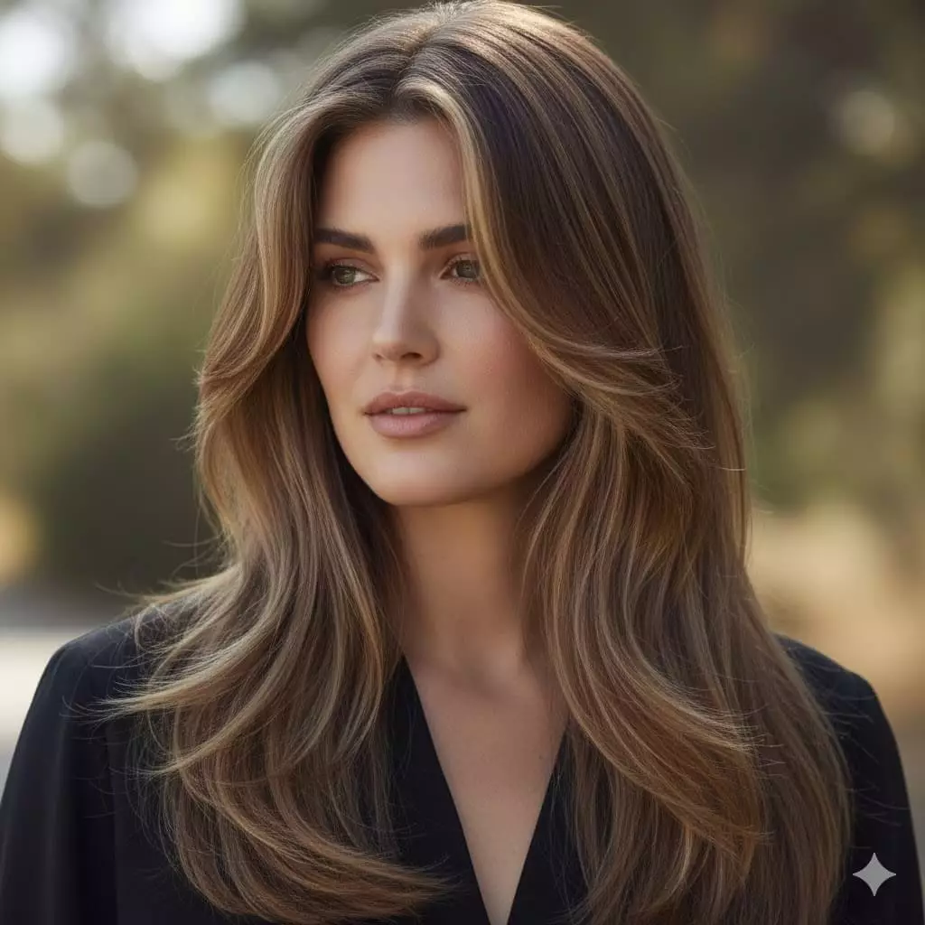 Portrait of woman with round face, ultra-long hair in soft vertical butterfly layers, side part, crown volume, glossy shine; clean mobile-friendly composition, natural lighting