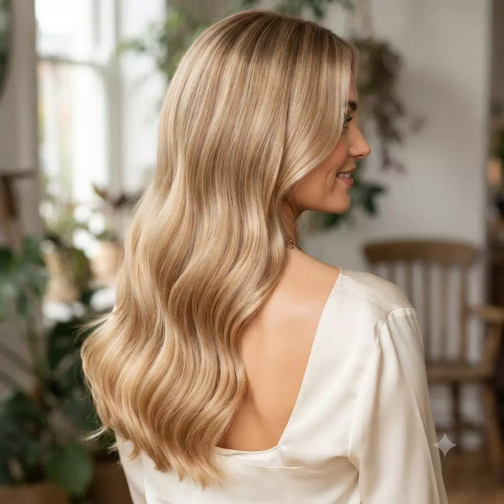 Creamy butter blonde hair with glossy finish