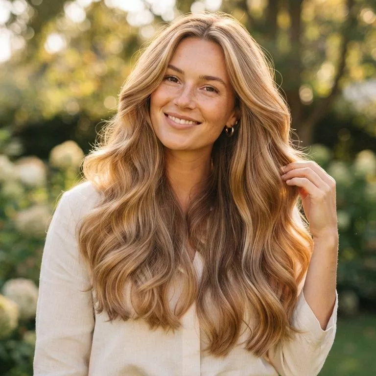 Long honey blonde hair with soft layered waves