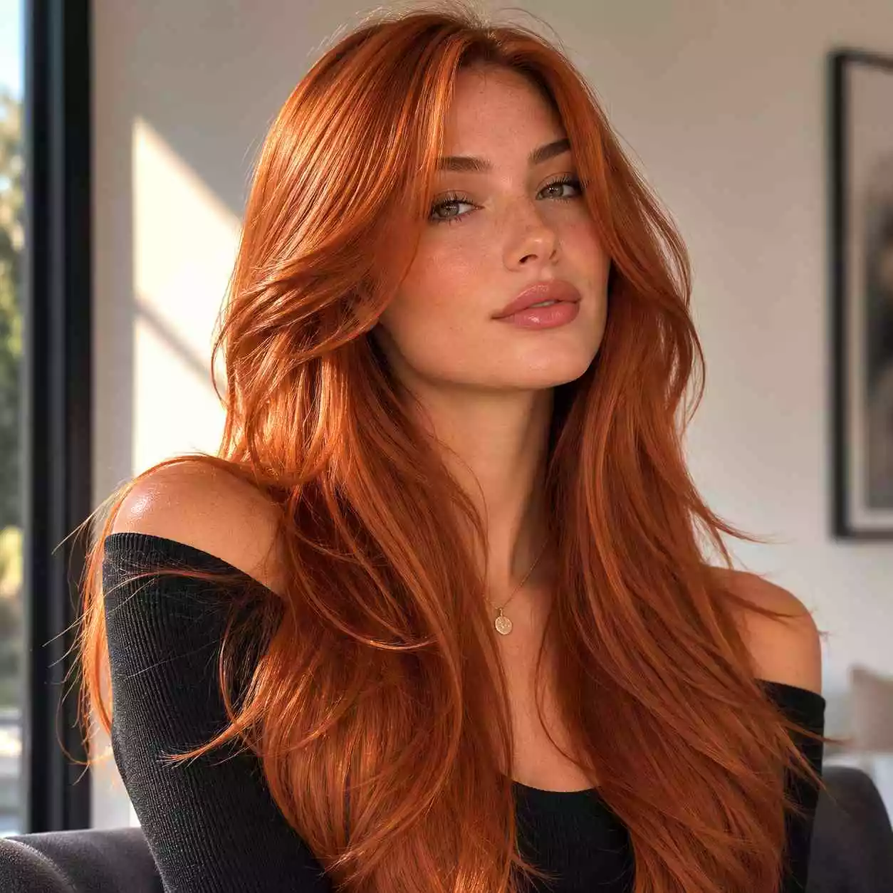 Vibrant classic copper long hair with sleek finish
