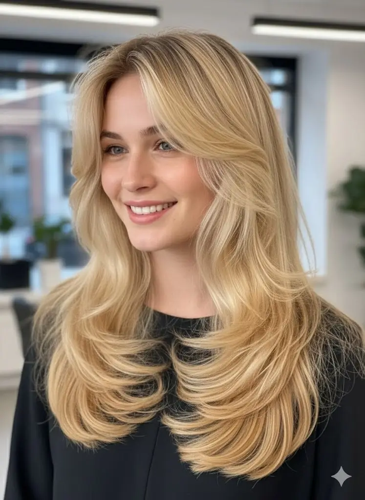 Glamorous long blonde hair with bouncy blowout layers and face-framing fringe
