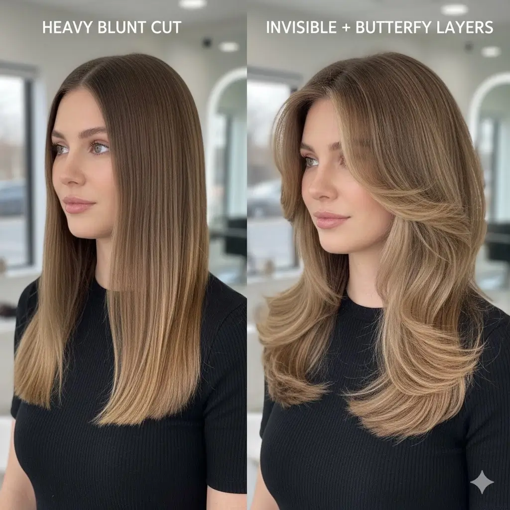 Before and after comparison of two hairstyles: Heavy blunt cut on the left versus invisible and butterfly layers on the right, showing instant lift and a slimming effect