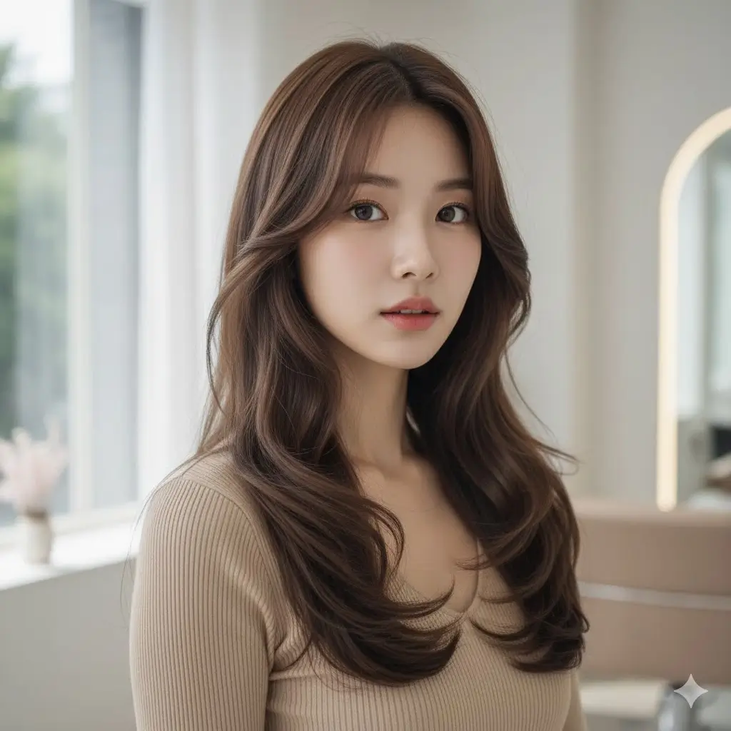 elegant Korean airy layers with soft face contouring and long curves around the jawline
