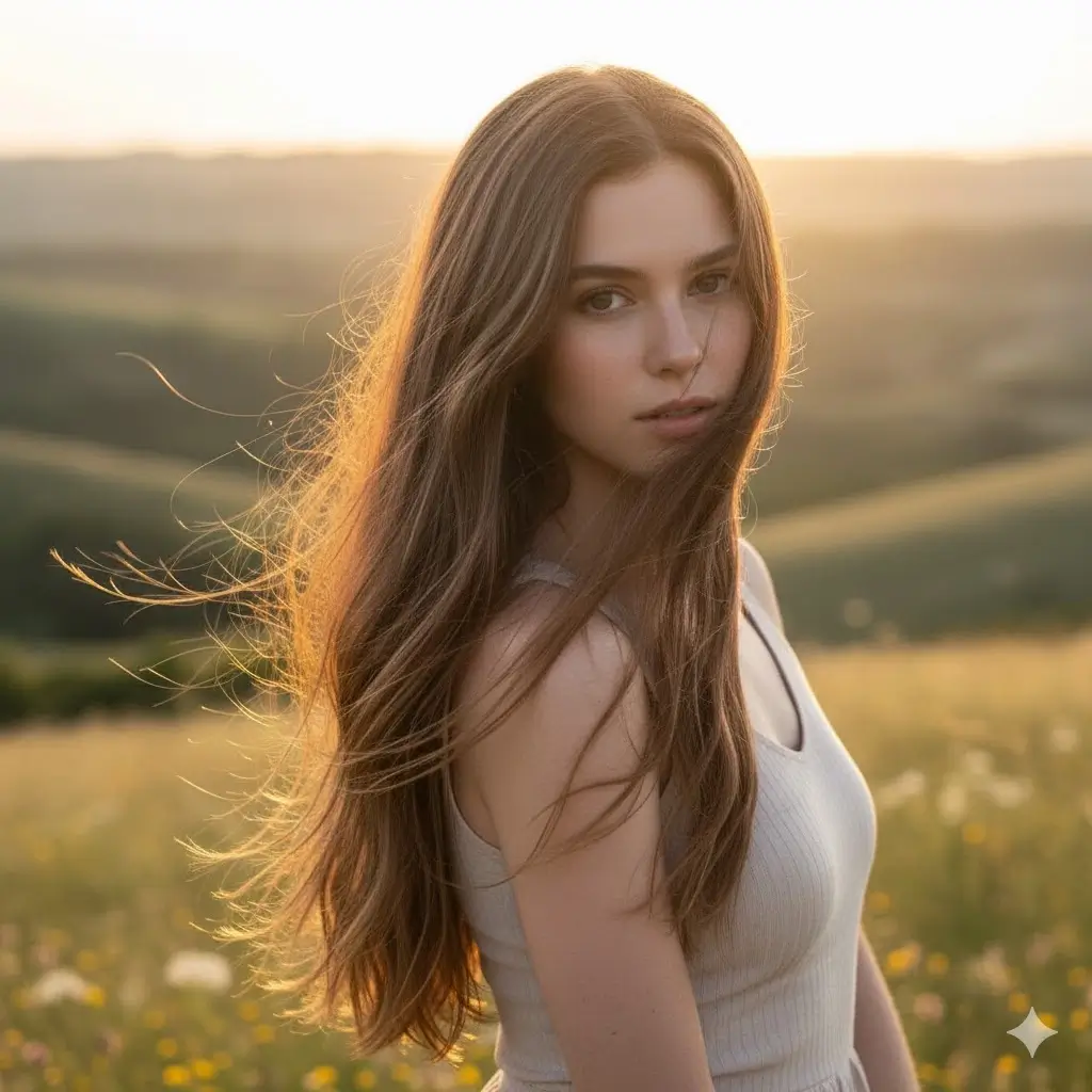 Long hair with soft feather layers, showing lightweight movement and wispy ends