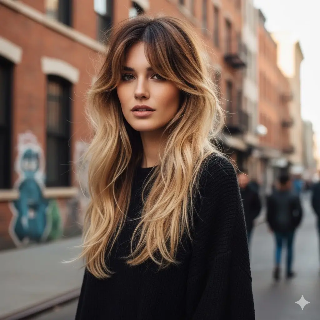 long hair layered hairstyle — long layers with face-framing curtain bangs, airy texture, effortless street-style finish