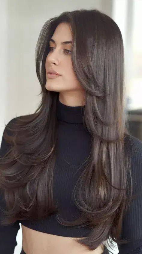 Soft and balanced U-cut layers on long hair, creating a gentle, rounded shape down the back