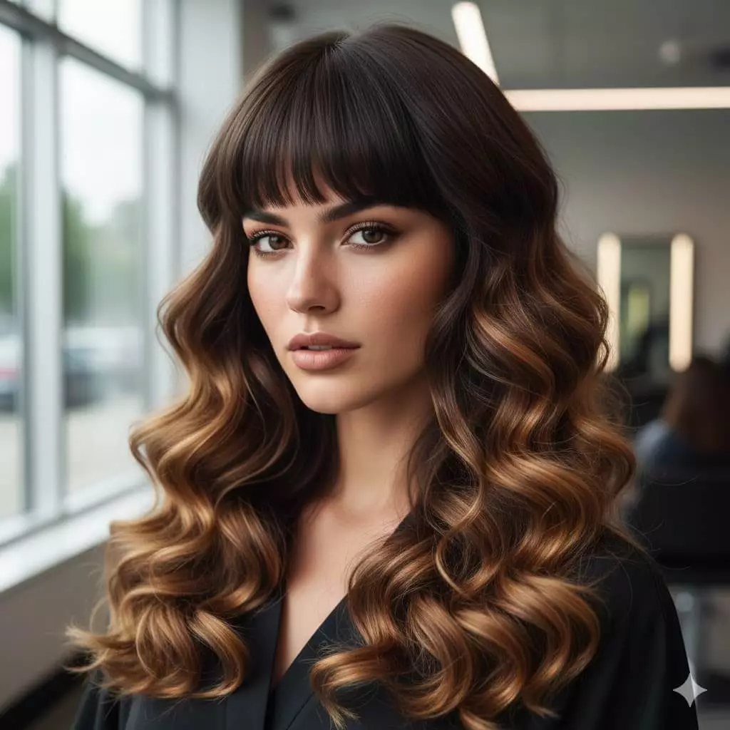Bold blunt long bangs cut straight across, contrasting with voluminous long curls.