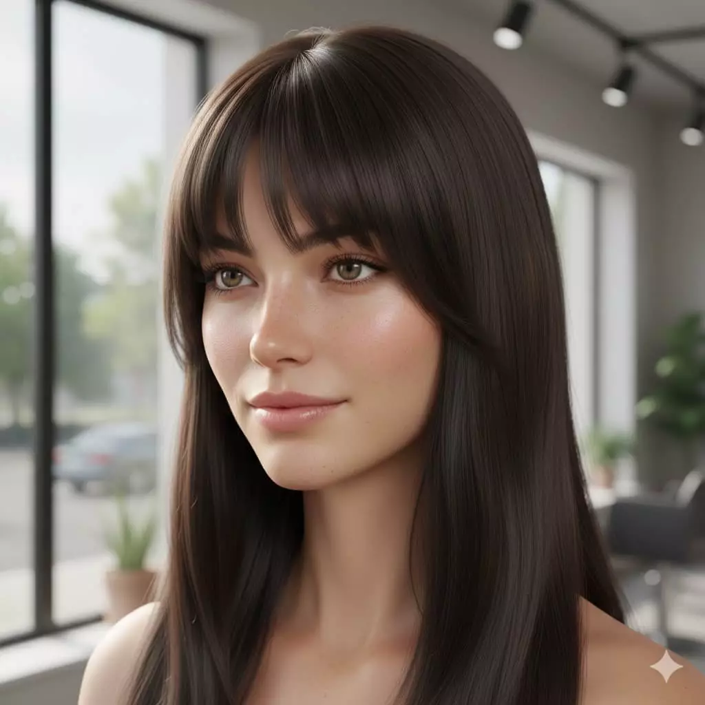 Flattering bottleneck long bangs narrowing at the bridge and widening at the cheeks, on straight long hair