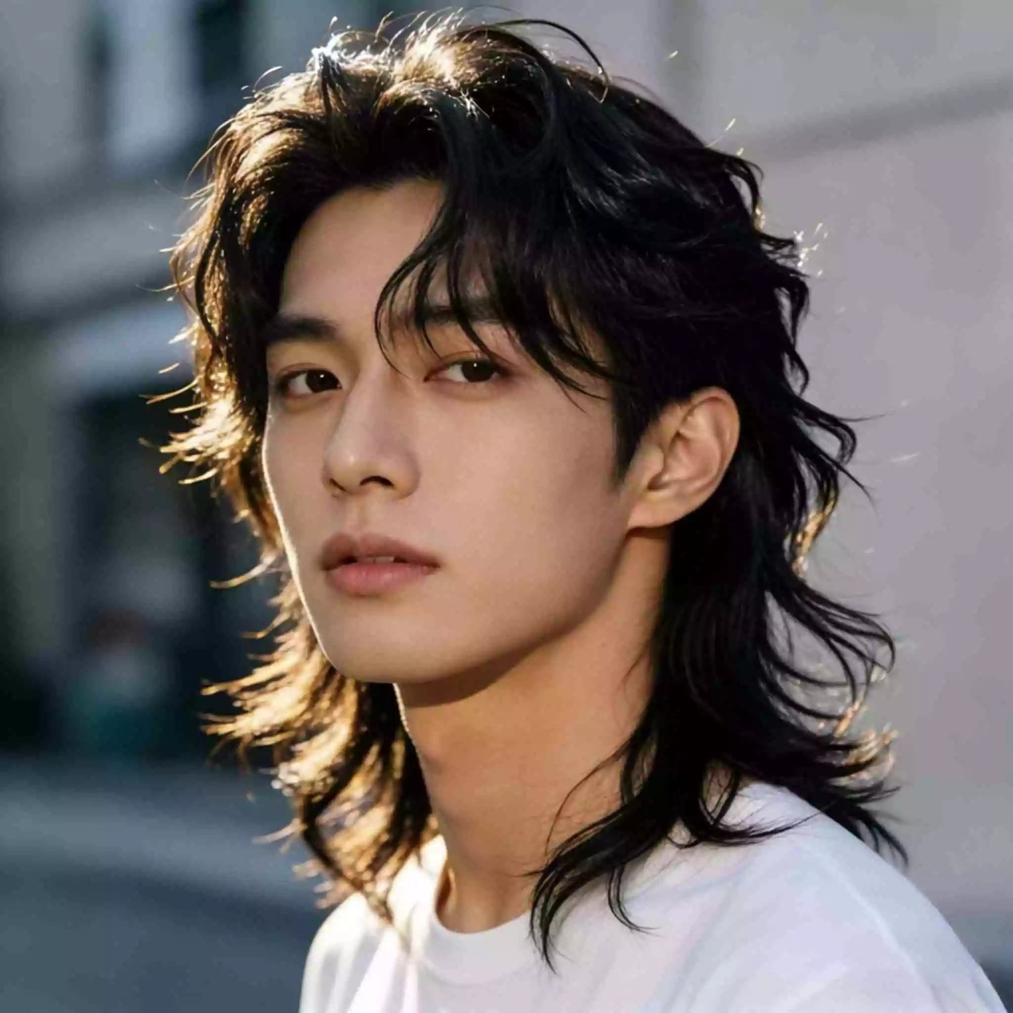 Asian men textured layered long hair — modern wolf cut direction with controlled volume, 2026