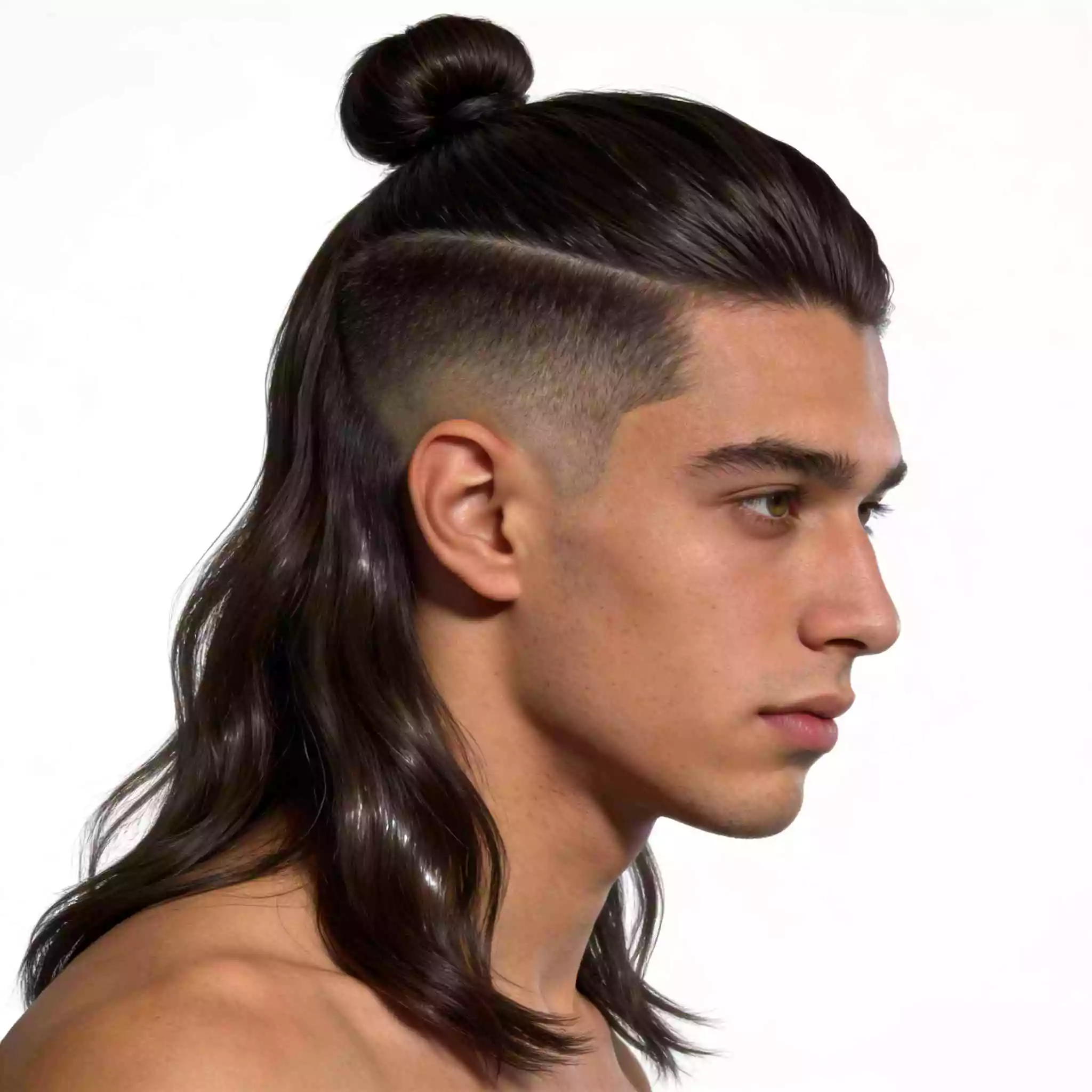 Half-up men’s long hair styles 2026—half bun/half pony, length visible, clean perimeter