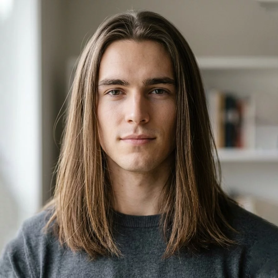 middle part long straight hair men — natural air-dried middle part with soft straight fall and minimal styling