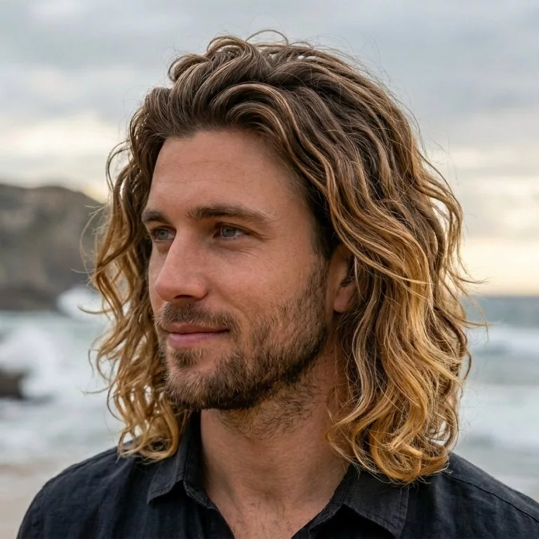 Surfer hair men medium length 2026—textured wavy flow, shoulder-grazing layers, beachy tousled finish, clean perimeter