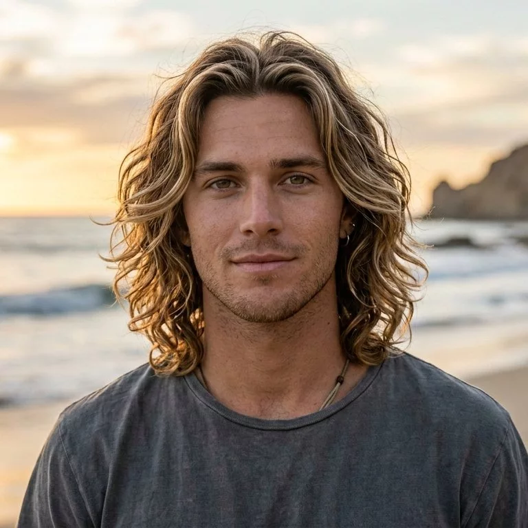 medium surfer hair for men with classic curtain waves and a soft middle part