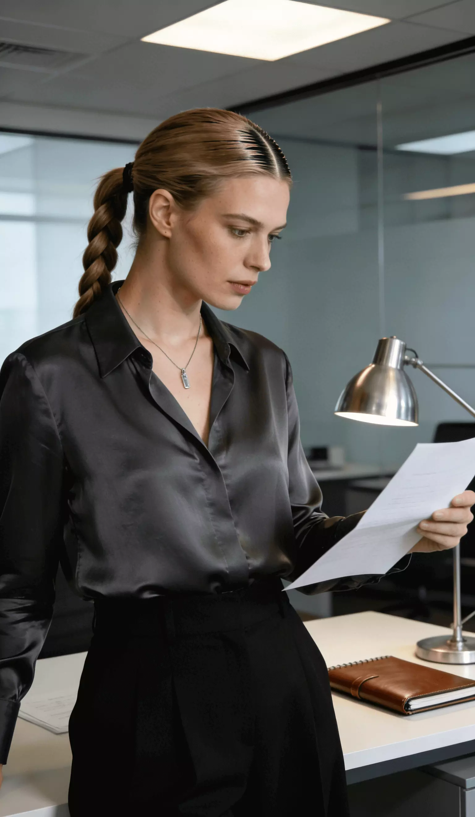 Long hair in a low braided ponytail with clean parting and smooth crown; office-friendly finish under indoor lighting