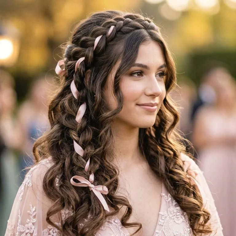 braided prom hairstyles for long hair with ribbons