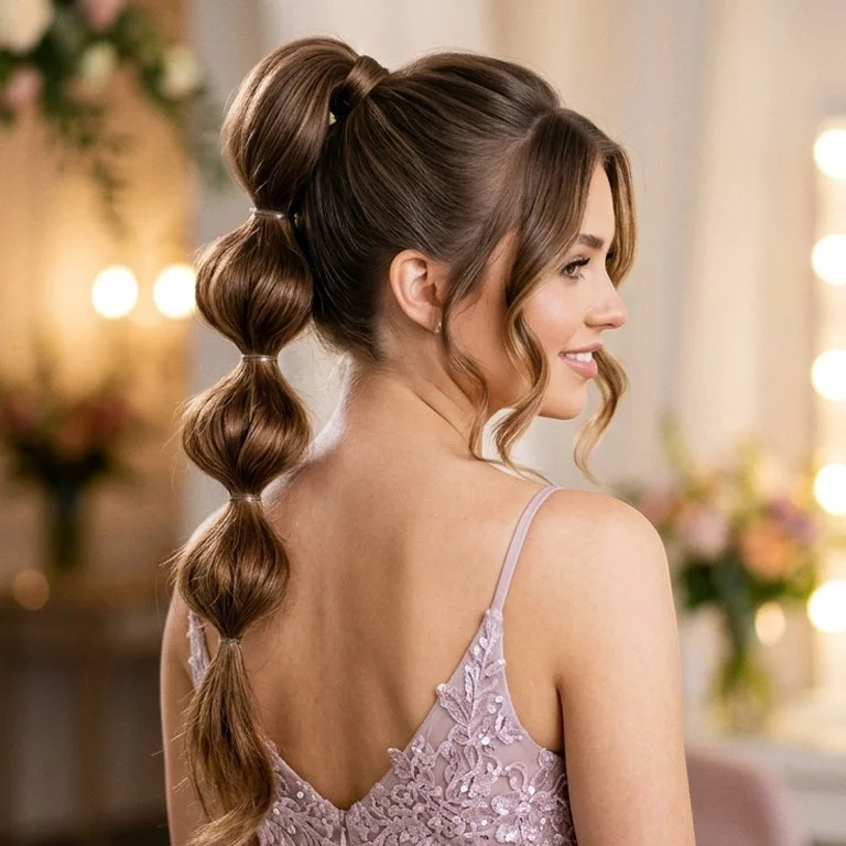 easy bubble ponytail prom hairstyles for long hair