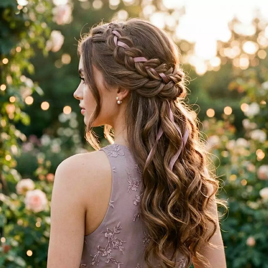 braided half up half down prom hairstyle for long hair with ribbons