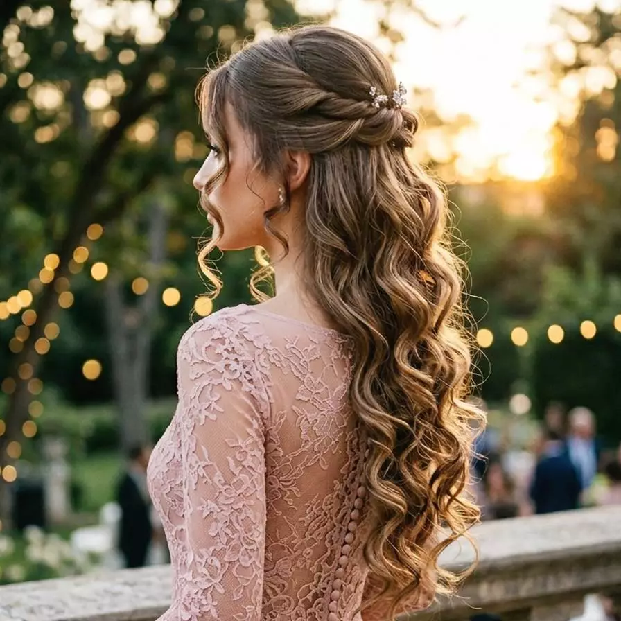 romantic curly half up half down prom hairstyle for long hair 2026
