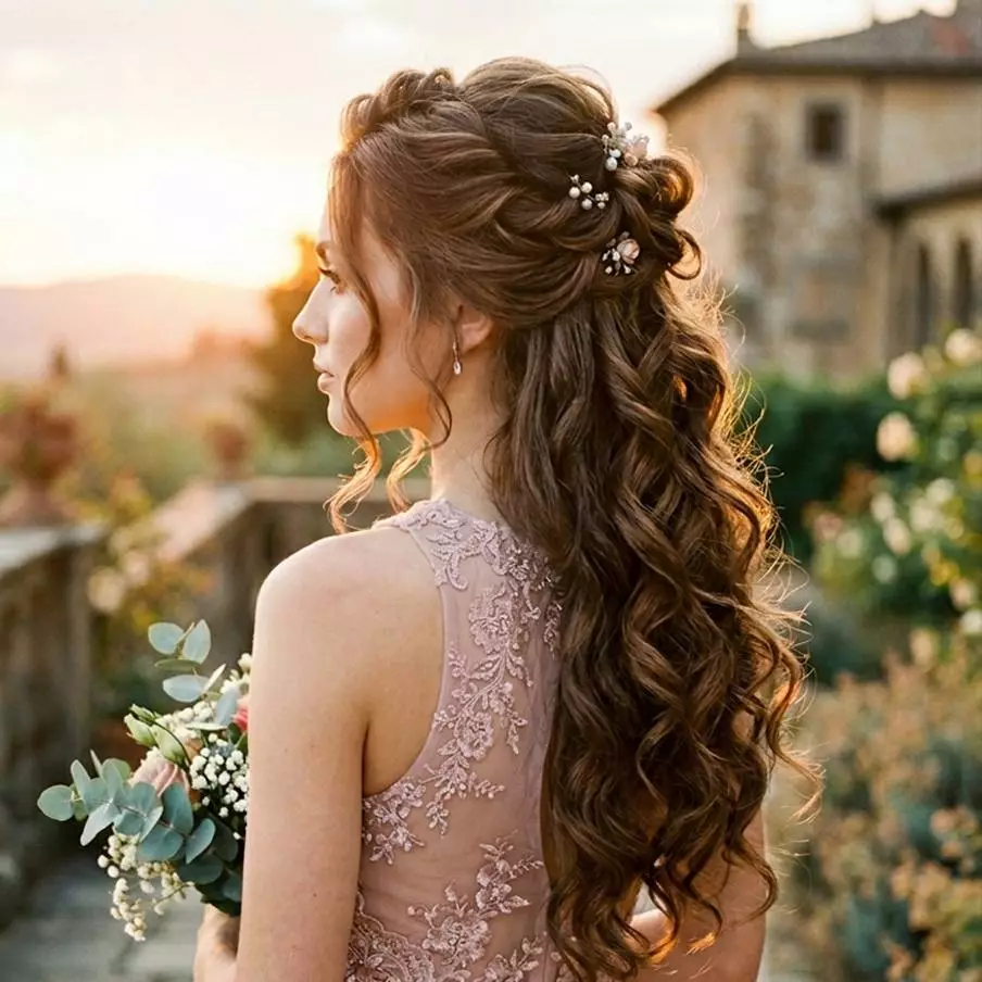 voluminous textured half up half down prom hairstyle for long hair