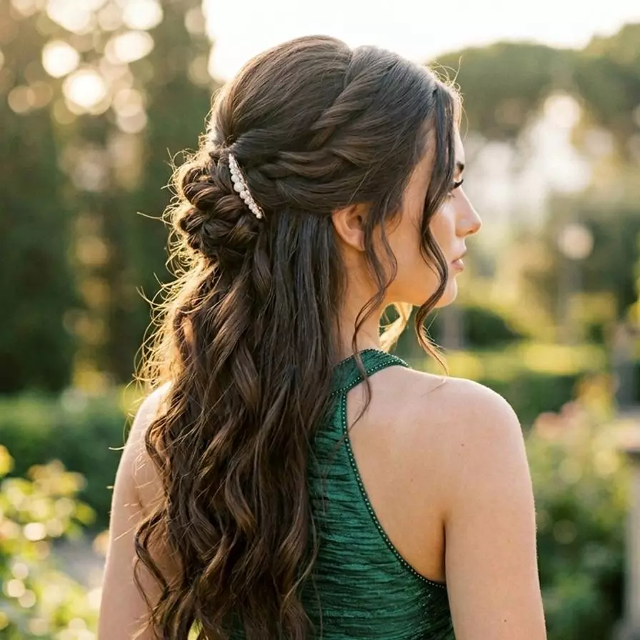 elegant twisted half up half down prom hairstyle for long hair