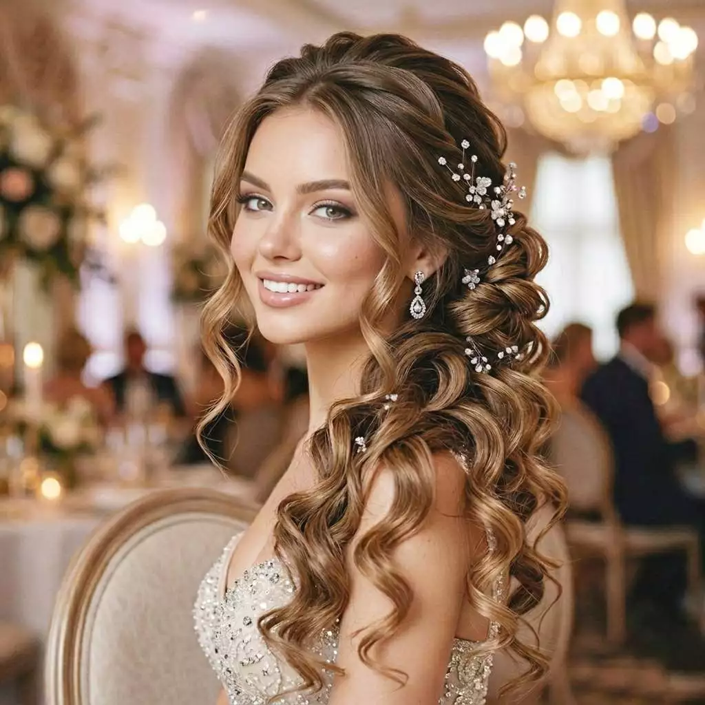 prom hairstyles for long hair with soft curls and glamorous evening look