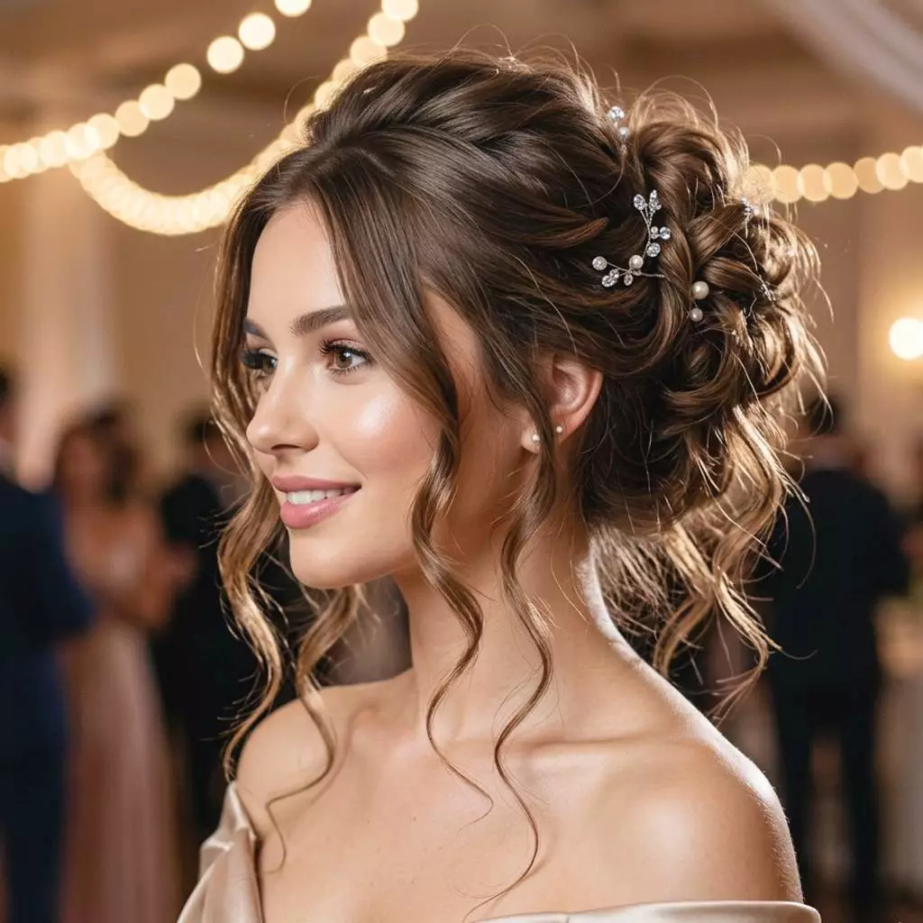 textured messy bun prom updo long hair