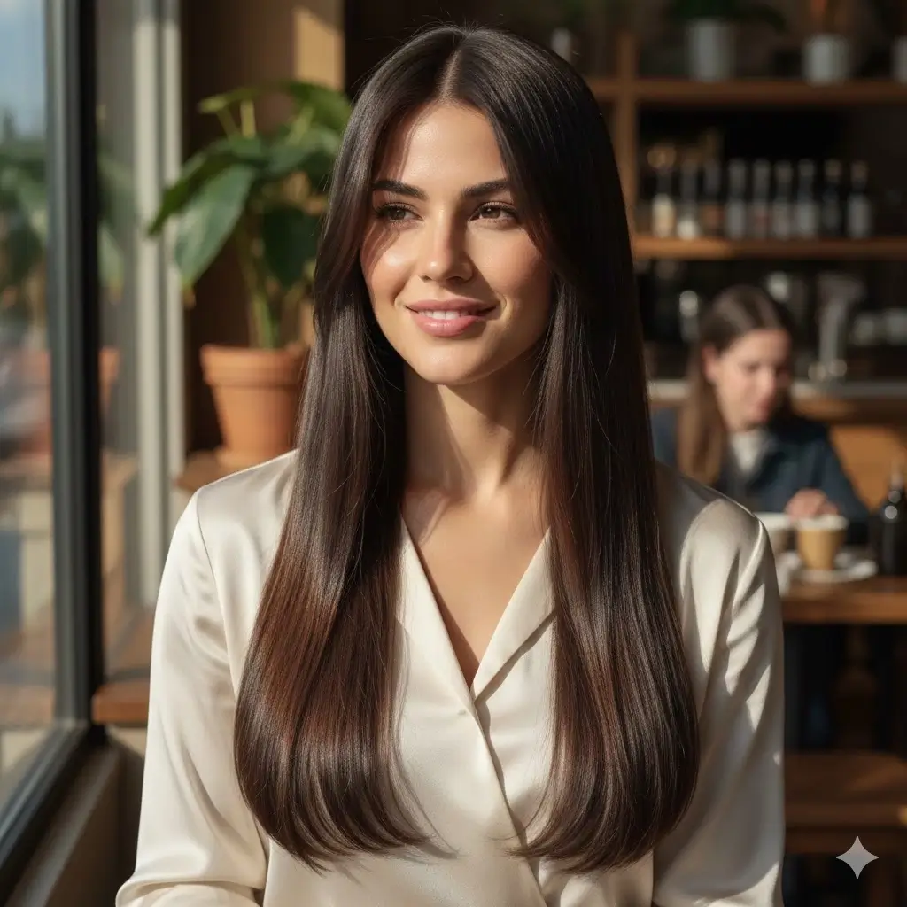 Waist-length ultra-straight glass hair with mirror shine and subtle face-framing layers catching perfect light, the #1 most requested straight look of 2026