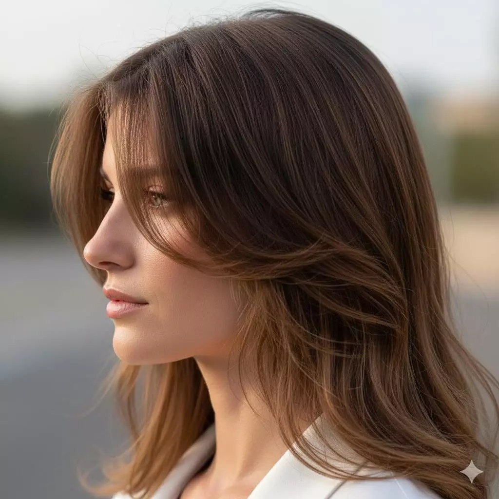 Side profile of long hair with soft butterfly layers and framing pieces adding movement