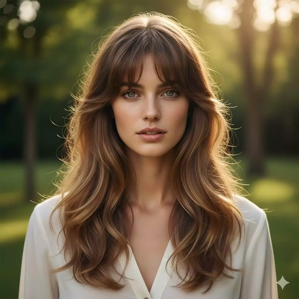 Long hair styled with trendy soft curtain bangs and glossy finish