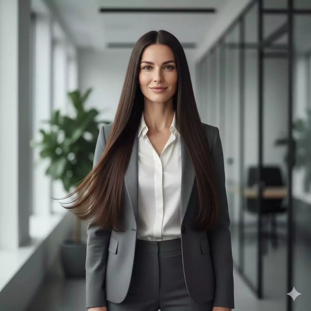 Confident professional with sleek long hair in a modern office environment