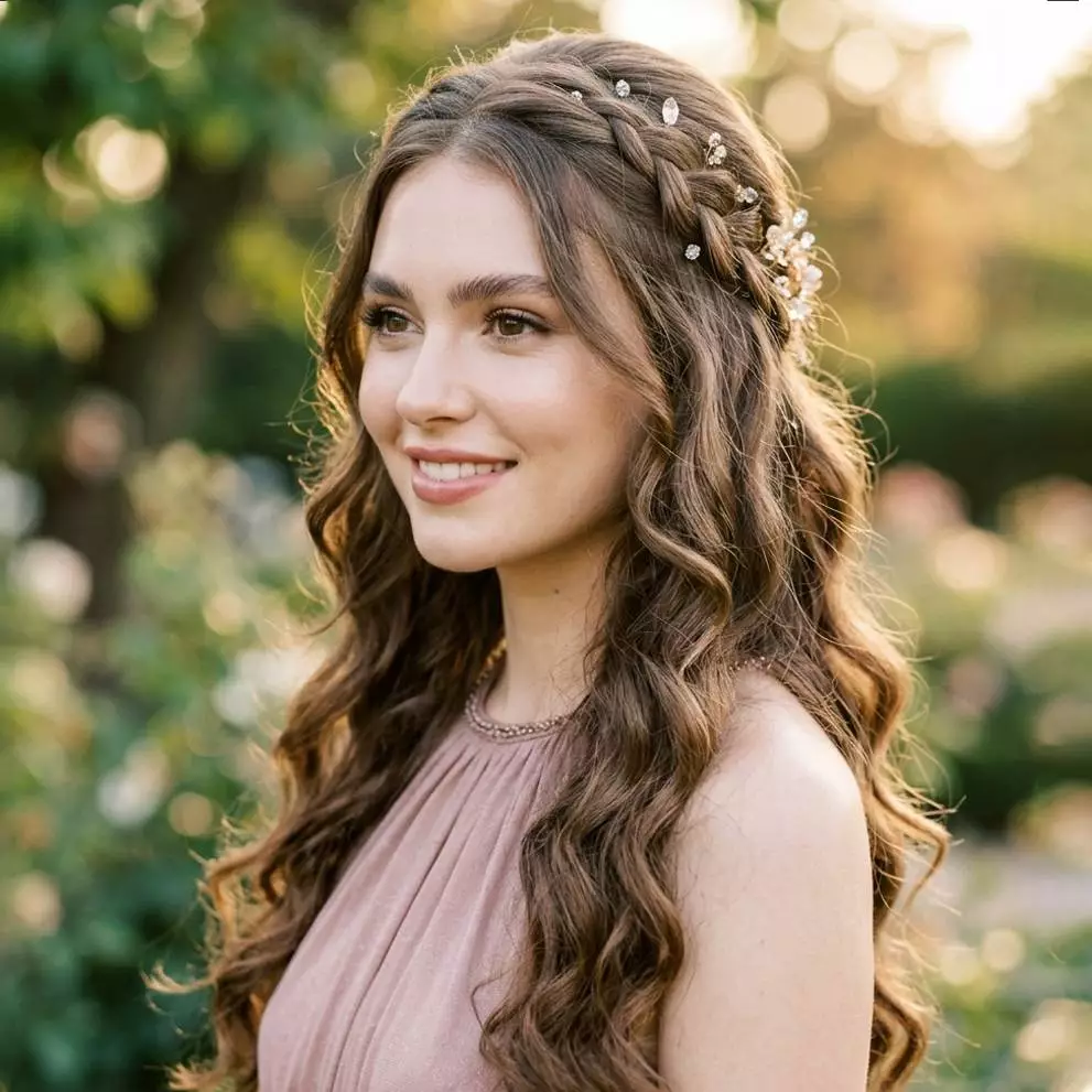 Prom-ready long hair with glamorous waves, soft curls, and elegant updos