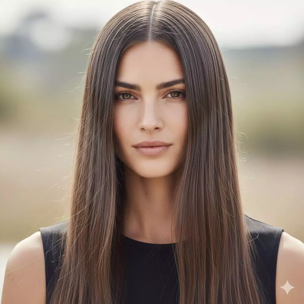 Model with ultra-long straight hair featuring liquid shine and blunt ends in soft lighting