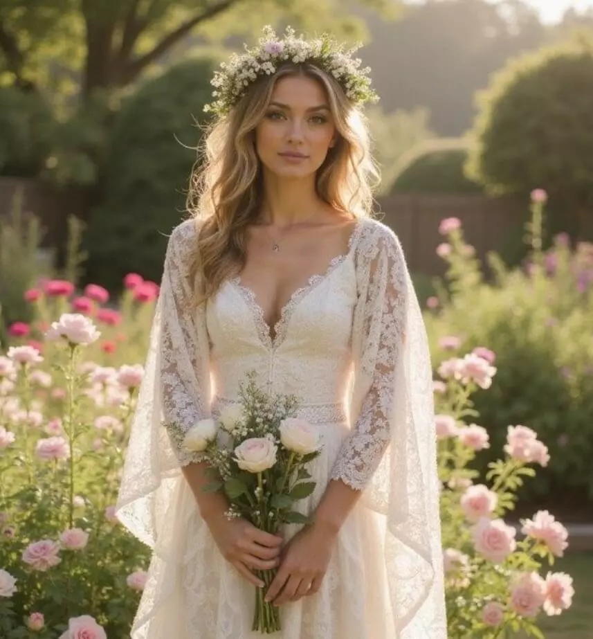 Bride with soft mermaid waves and delicate accessories in elegant wedding setting