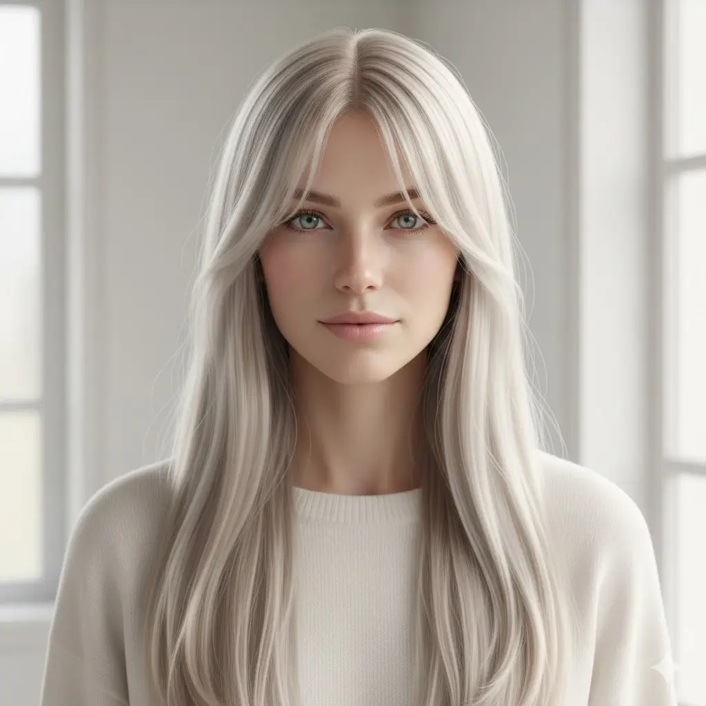 Airy barely-there wispy bangs with waist-skimming ultra-long ice-blonde straight hair, minimalist clean girl aesthetic 2025