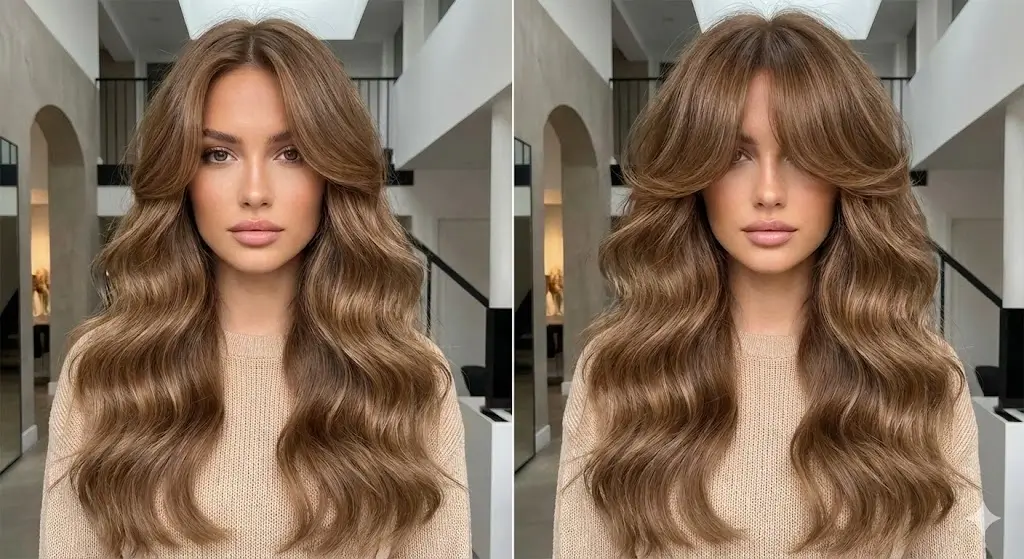 Model with Mid-back glossy liquid waves and XL curtain bangs