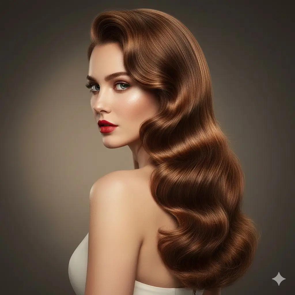 Long Hair Side-Swept Glam Waves — polished Hollywood waves with deep side part, glossy red-carpet finish, vintage glam styling