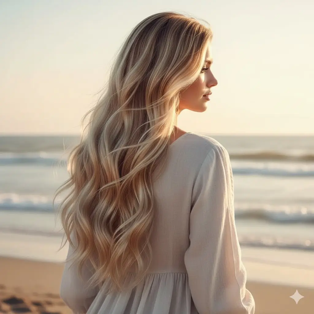 Romantic loose beachy-but-better waves on extra-long blonde hair, golden hour sunset beach, soft S-shaped waves starting below shoulders, glossy effortless texture 2025