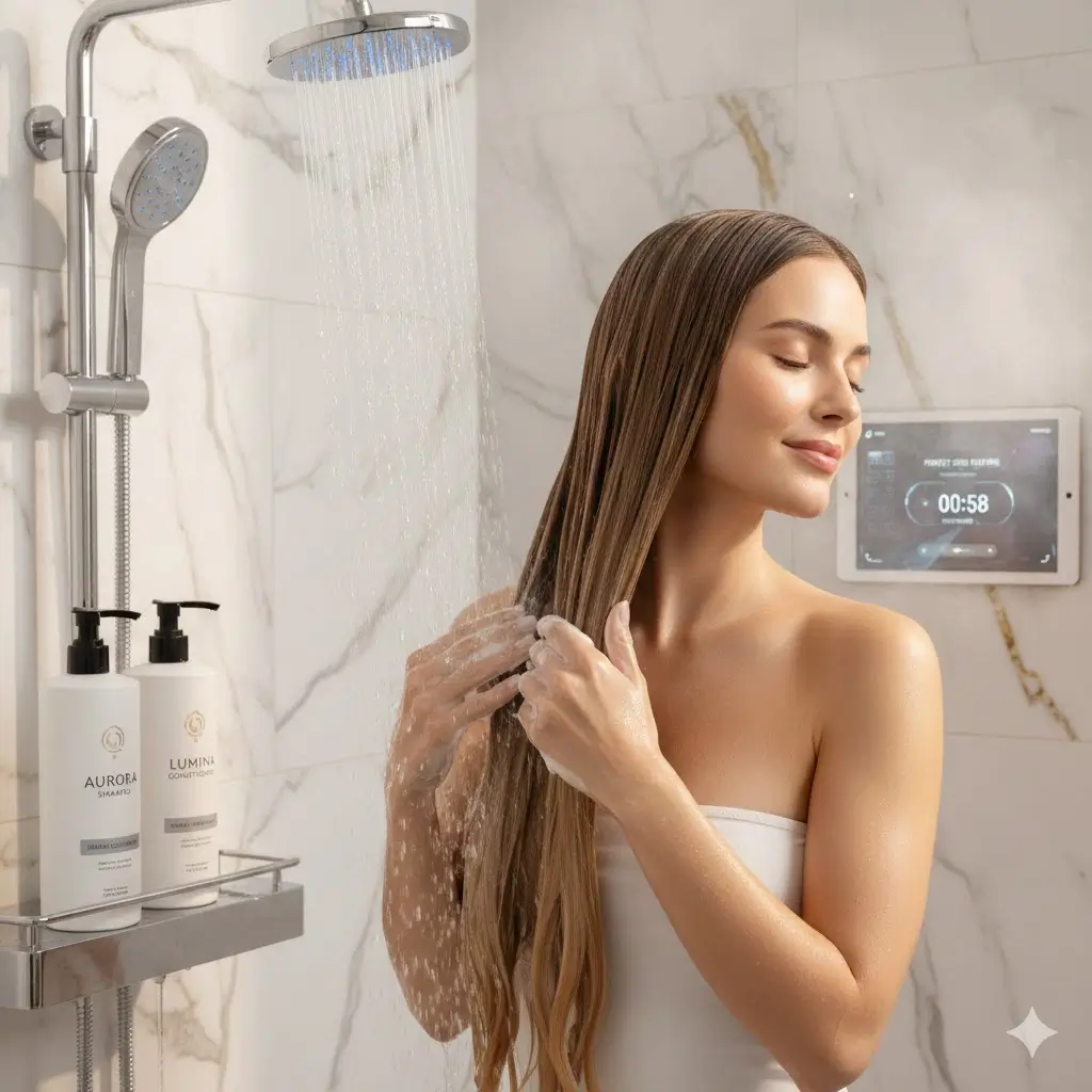 Woman following optimal 2026 long hair washing routine with gentle cleansing and deep conditioning for shine and health