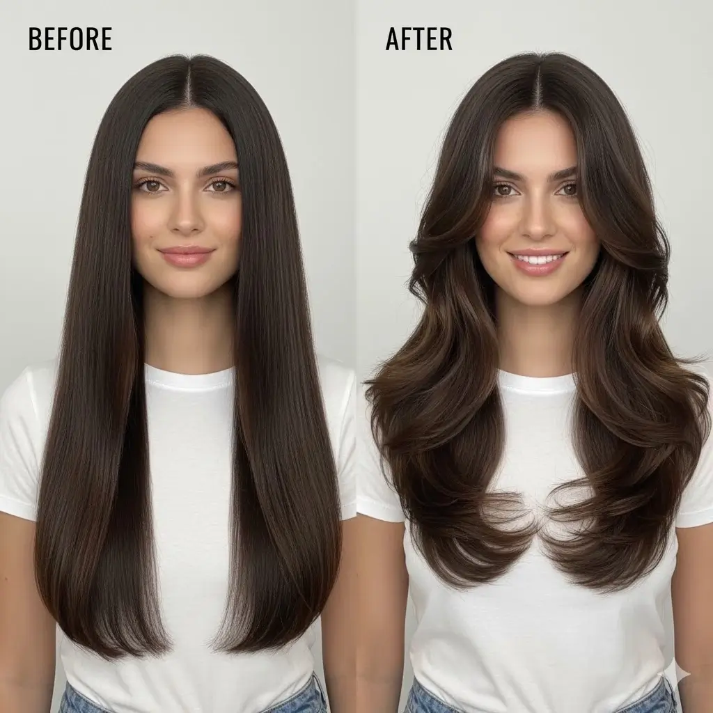 Before and after hair transformation image: Left shows blunt, heavy straight hair, while Right features soft wavy layers, resulting in a face-framing, lighter, and more voluminous look with increased movement
