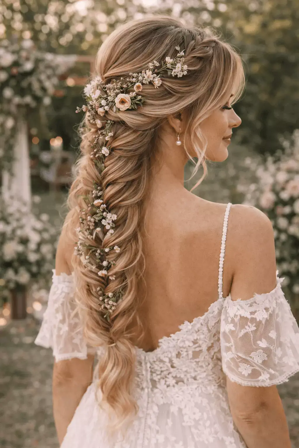 long hair boho wedding braid — loose fishtail braid with wildflower greenery, textured volume, romantic outdoor bridal style