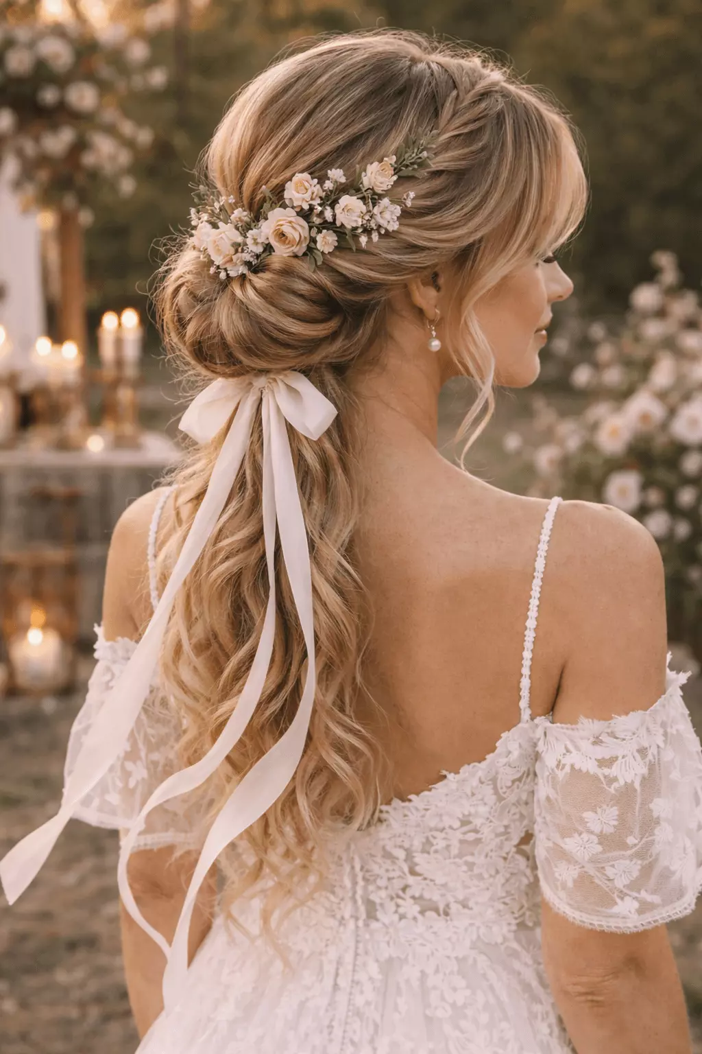 Alt Prompt: Bride with low braided boho bun, silk ribbons trailing down, fresh wildflowers tucked in, rustic outdoor setting